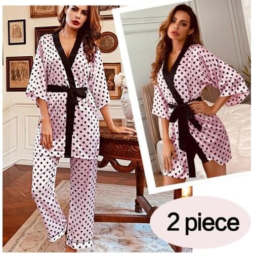Pajamas for Women Emulation Silk Summer Bathrobe Three Quarters Sleeve Trousers 2 Piece Wave Point Sleepwear Homewear Plus Size