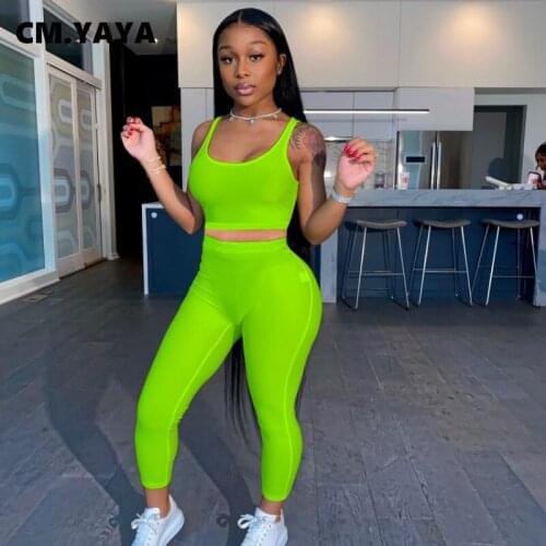 CM.YAYA Solid Basic Legging Pants Set For Women Yoga Tank Tops Outifts Sport Fashion Matching Two 2 Piece Tracksuit Sweatsuit