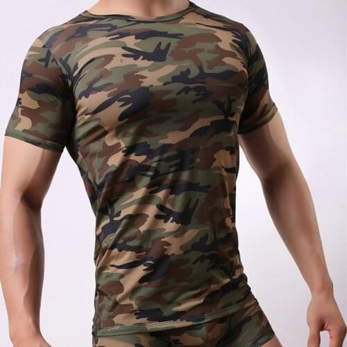 Sexy Mens Undershirt Milk Silky Printed Camouflage Short-sleeved Leotard Jumpsuit Wrestling Undershirt Pajamas Underwear