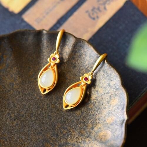 Vintage Flower Drop Earrings Hollow Leaves With Water Drop Natural Stone Matte Gold Jewelry For Women Party Anniversary Gift