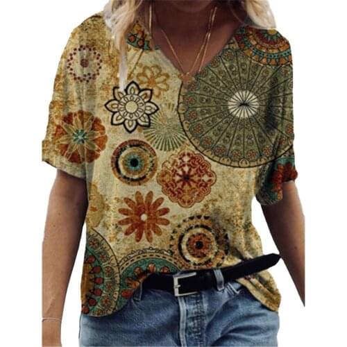 Summer Women T-shirt Plus Size Vintage Geometric Print Fashion V Neck Tshirt Casual Short Sleeve All Match Top Loose T-Shirts