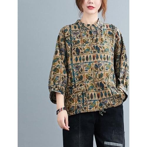 Leaf Printed Cotton Linen WomenS Shirt Plus Size Three-Quarter Sleeves Stand-Up Collar Single Breasted Casual Autumn Tops