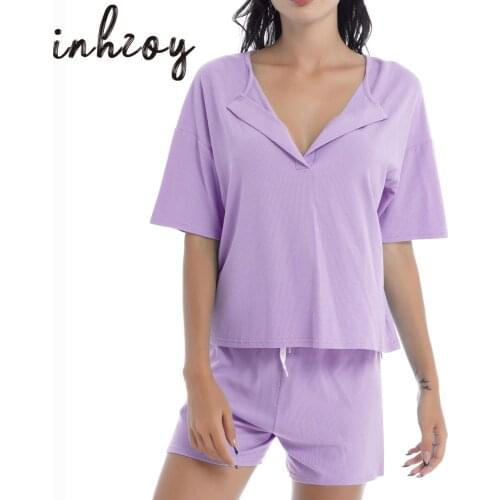 2Pcs Womens Ribbed Knit Pajama Sets Short Sleeve Top and Shorts Sleepwear Sweatsuit Outfits with Pockets