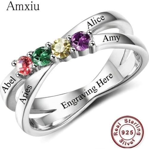Amxiu Personalized Name Ring 100% 925 Sterling Silver Ring with Birthstones Custom Four Names Rings For Women Mom Accessories