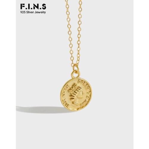 F.I.N.S S925 Sterling Silver Necklace Retro Geometric Round Portrait Coin Pendants for Women Two-tone Clavicle Chain Necklace