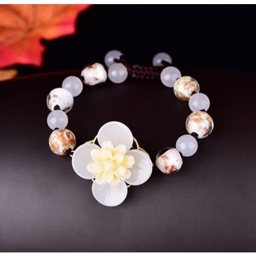 17MM Synthetic Flower 10MM Golden Sand Coloured Glaze Bracelet Personality Hand Knitted Antique Hand String Glazed Jewelry