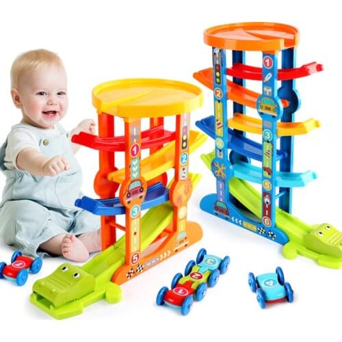 7-Layer Ramp Race Track & 6 Mini Inertia Car Sliding Toy Vehicel &Train Baby Toddler Motor Skill Educational Kids Toys