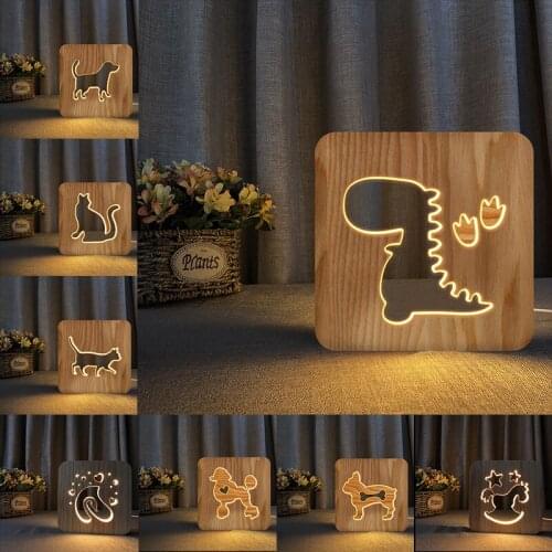 Acecorner LED USB Night Light Wooden Cat Dog Swan Dinosaur Animal Lamp Novelty Kid Bedroom 3D Decoration Table Lights Child Gift