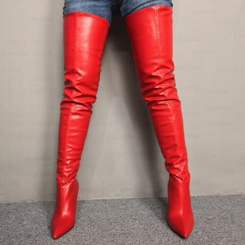 BERZIMER Women Crotch Boots Faux Leather Stiletto High Heels Thigh High Zapatos Ladies Botas Party Shoes Woman Big Size 43 45 47