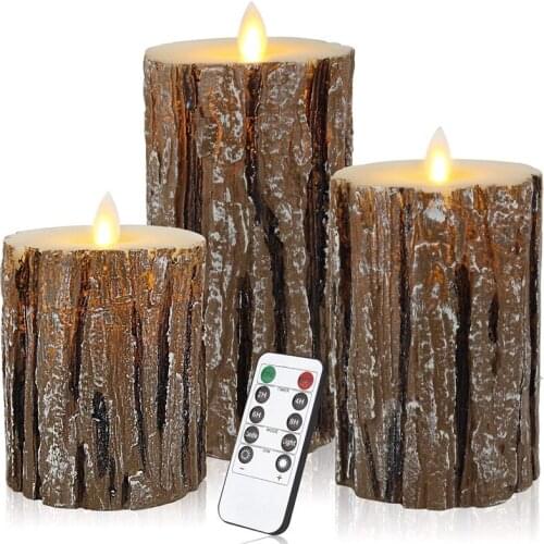 Flameless Candles Cedar-Bark Dripless Real Wax LED Pillars Include Realistic Flickering Flames and 10-Key Remote Control with 24