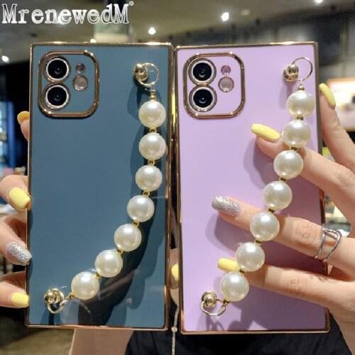 Plating Square Bracelet Phone Case For iPhone 12 11 Pro X XR XS Max 12 Mini 7 8 Plus SE2 Luxury Pearl Wrist Chain Silicone Cover