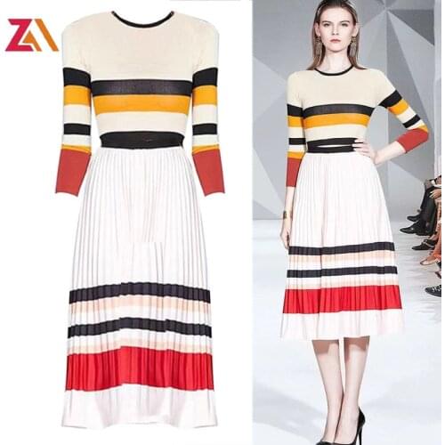 ZALady designer casual streewear Striped knitted tops blouses and Pleated midi skirts elegant autumn two piece sets suits women