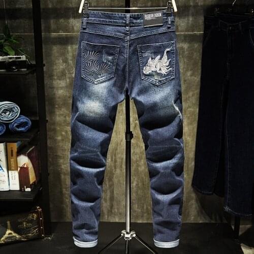 Fashion Embroidery Jeans Mens Personality Patch Skinny Elastic Pencil Pants DIstressed Straight Denim Pants Male Casual Trousers