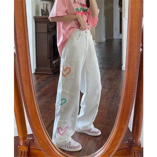 White Heart Print Fashion Jeans Girls Wide Leg Straight Pants Trousers Female Harajuku Jean Denim Bagge Cool Autumn Jeans Femme