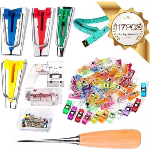 Imzay 117PCS Bias Tape Tool Kit With Instruction, 4 Sizes Bias Tape Maker With 60 Pcs Sewing Clips, 50 Pcs Ball Point Pins