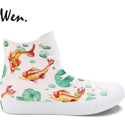 Wen Hand Painted Shoes Design Cyprinoid Fancy Carp Koi Fish Custom High Top Unisex Canvas Sneakers Boy Girls Flat Footwear
