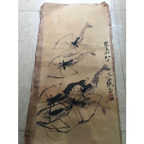 Chinese Old Scroll Qi Baishi - Shrimp Painting Rice Paper Painting Slice