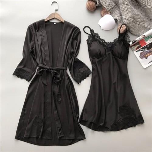 Summer Sexy Lace Womens Robe & Gown Sets Twinest Bathrobe + Mini Night Dress 2 Pieces Sleepwear Womens Sleep Set Faux Silk