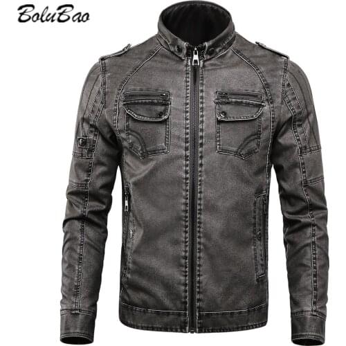 BOLUBAO Mens Autumn and Winter PU Leather Jacket Loose Stand-Up Collar Leather Jacket Casual Retro Washed Leather Jacket Male