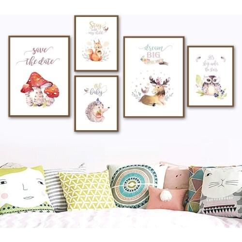 Mushroom Squirrel Hedgehog Deer Owl Animal Wall Art Canvas Painting Nordic Posters And Prints Wall Pictures For Kids Room Decor