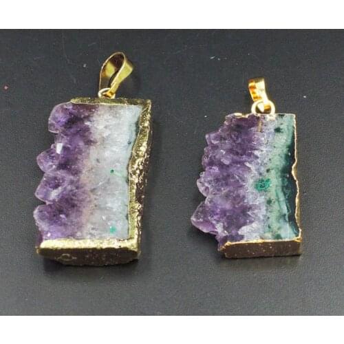 Natural Purple Quartz Crystal Cluster Slice Pendant Of Gold Cladding 35-40mm Long