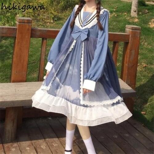Hikigawa Japanese Lolita Style Dress Women 2021 Autumn Long Sleeve Sweet A Line Vestidos Sailor Collar Chic Temperament Dresses