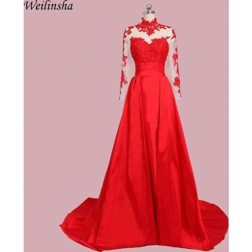 Weilinsha Long Sleeves Arabic Evening Dress High Collar Lace Applique Beaded A-line Prom Party Gowns Sweep Train Custom