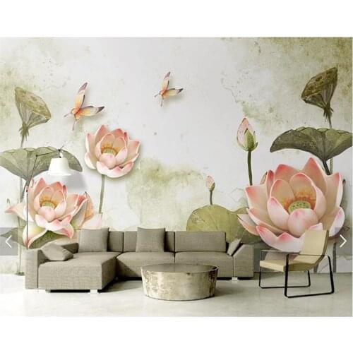 Custom leaf wallpaper, lotus butterfly watercolor mural for living room bedroom TV background wall home decor wallpaper