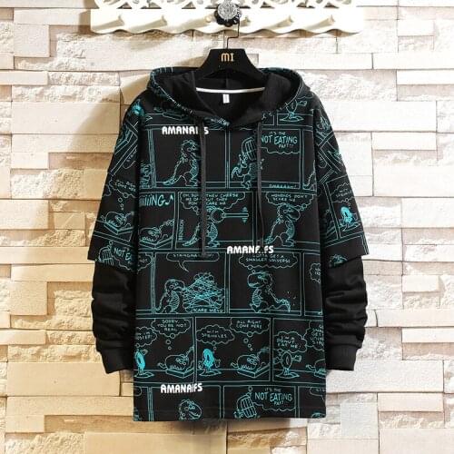 2021 Casual New MenS Classic Hip Hop Rock Fake Two Piece Print Hoodies Sweatshirts Streetwear Brand Black White