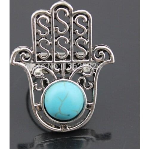 Retro Tibetan Vintage Silver Five Hand Of Fatima Hamsa Amulet Evil Eye Stone Opening Rings Gift YR79