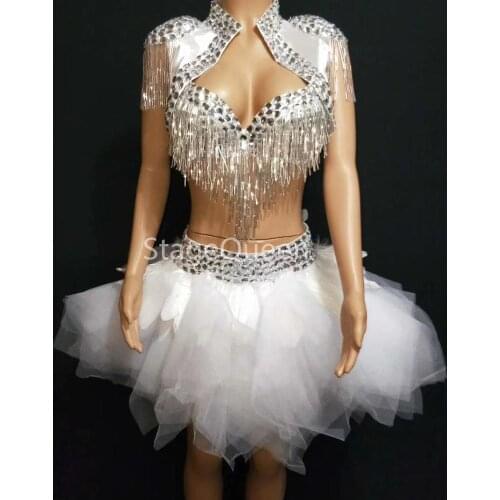 Luxury Rhinestones Coat Bra Skirt Tutu Three-piece Set Prom Party Stage Wear Female Singer Dance Show Costume White Outfit