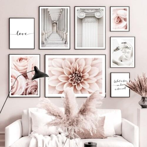 Pink Rose Dahlia Palace Hallway Cupids Kiss Statue Nordic Poster Wall Art Print Canvas Painting Decor Pictures For Living Room