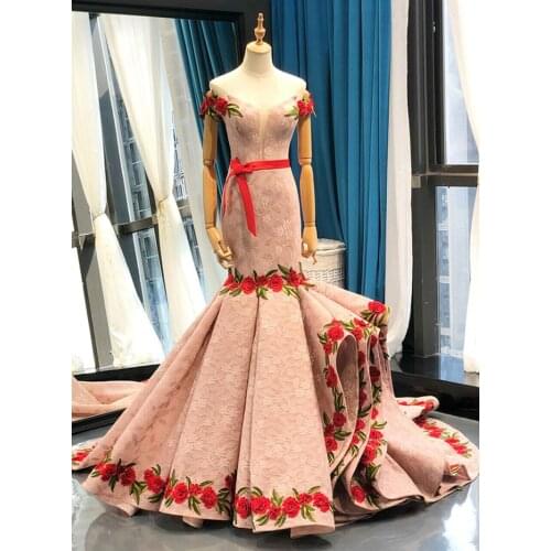 Pink Lace Appliques Flowers Prom Dresses Mermaid Long 2021 Off Shoulder Formal Evening Dress Lace-up Back Robe De Soiree