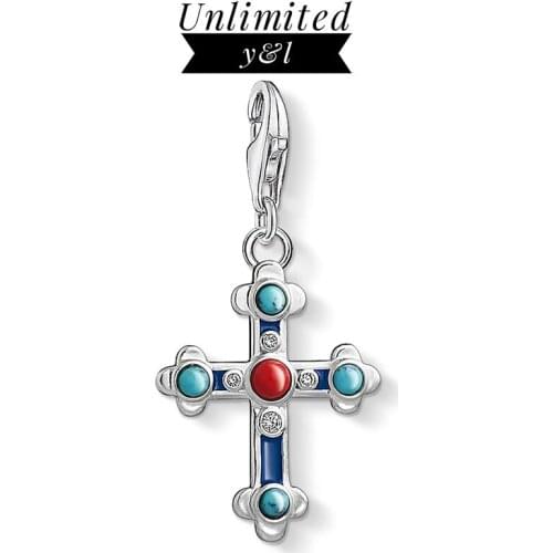 Blue Red Stone Cross Pendant Charms DIY Jewelry Making Boho 925 Sterling Silver Accessories Fit Bracelet Necklace Women Men Gift