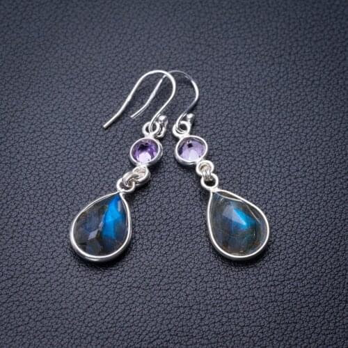 StarGems Natural Blue Fire Labradorite And Amethyst Handmade 925 Sterling Silver Earrings 1.75" E0778