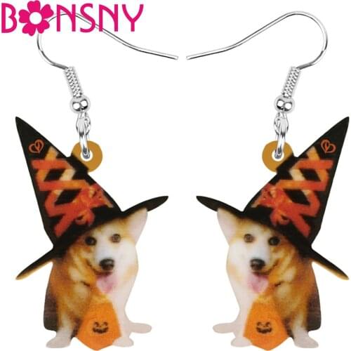 Bonsny Acrylic Halloween Cute Corgi Dog Earrings Big Long Hat Animal Dangle Drop Jewelry For Women Girl Birthday Gift Decoration