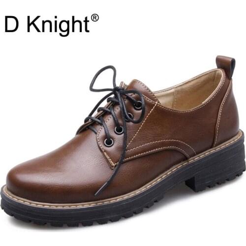 D KNIGHT Women Oxfords Fashion Flats Woman British Style Footwear with Lace-up Thick Heel Shoes Plus Size 43 Ladies Brogue Shoes