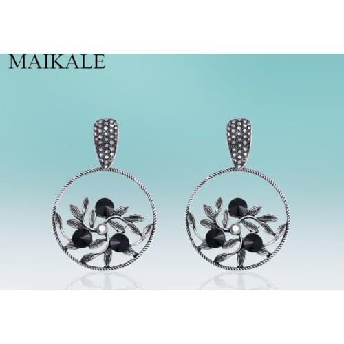MAIKALE Vintage Dangle Circle Hollow Alloy Hanging Leaf Rhinestone Drop Earring for Women Jewelry High Quality Classic Gifts