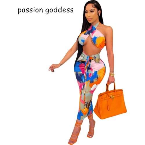 2021 Women Sexy Print Two Piece Set Boho Outfits Sleeveless Halter Bandage Tanks Top Runched Drawstring Midi Bodycon Skirts Suit