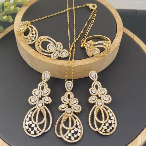 Lanyika Fashion Jewelry Set Luxury Petal Zirconia Micro Pave Necklace with Earrings, Bracelet and Ring for Woman Banquet Gifts