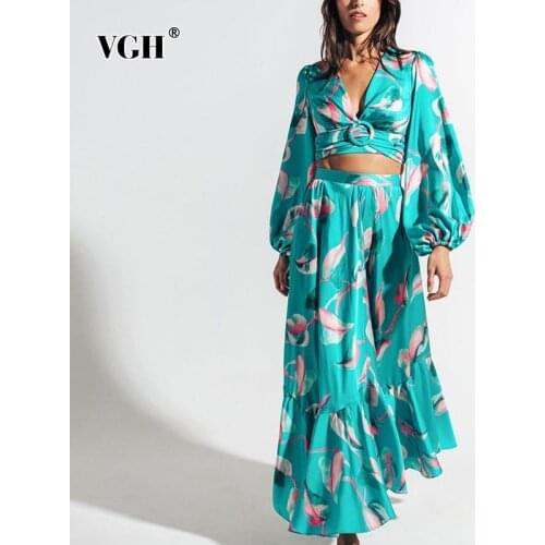 VGH Blue Print Vintage Two Piece Set For Women V Neck Puff Sleeve Shirt High Waist Skirt Hit Color Sets Female Summer 2021 Style