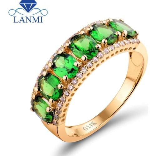 Solid 14K Yellow Gold Natural Green Tsavorite Gemstone Anniversary Ring Real Diamond Fine Jewelry for Women Gift