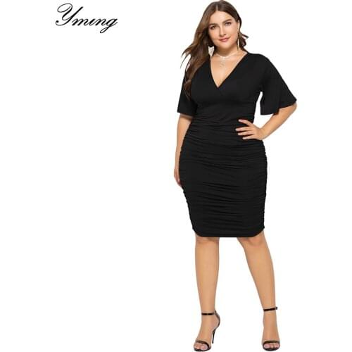 YMING Plus Size Casual Women Midi Dress V Neck Bodycon Dresses Half Sleeve Sundress Large Size Party Black Lady Dress Clothes