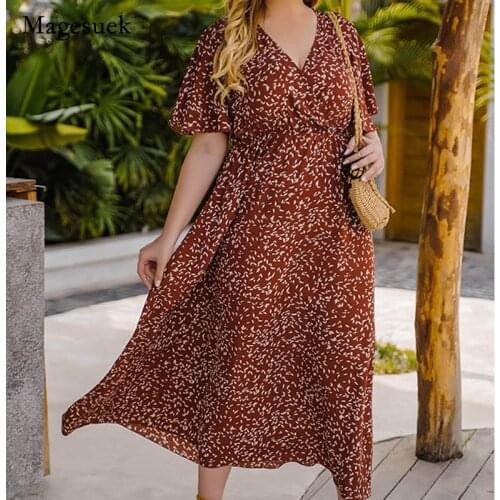 Floral 2021 Summer Women Chiffon Dress Print Ruffle V-neck Slim Dress for Women Casual High Waist Loose Long Dress Vestido 15084