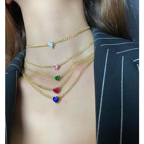 Gold Color Trendy Jewelry 10MM Big Heart CZ Necklace PinK White Blue Purple Colorful Heart Stone Collar Chains