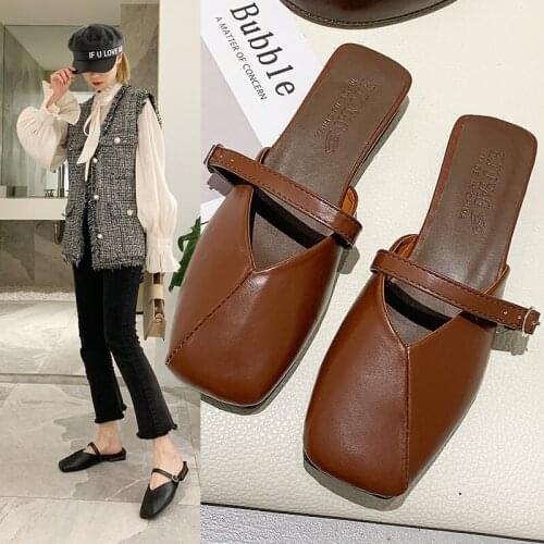 2021 summer new style outer wear half slippers fashion flat bottom square toe Muller shoes wild plus size 40 womens shoes