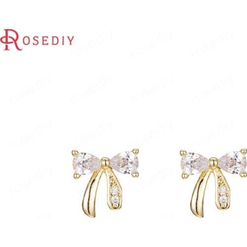 39507)4PCS 24K Gold Color Brass and Zircon Bow Stud Earrings Pins Earrings Jewelry Making Supplies Diy Findings Accessories