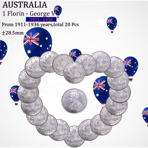 Australia 1 Florin George V From 1911-1936 years total 20 Pcs Advance Crowned Bust Left Cuproickel Plated Silver Copy Coins