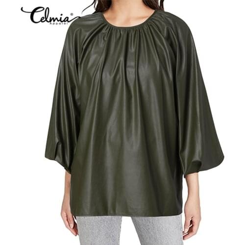 Celmia Blouses S-5XL Plus Size Women PU Leather Blouse Fashion Street 3/4 Sleeve Casual Loose Tunic Faux Leather Tops 5XL Blusas