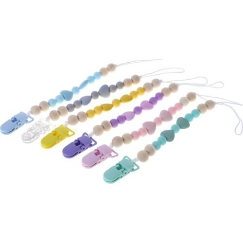 Baby Pacifier Clip BPA Free Silicone Teething Chain Newborn Nipple Teether Holder Chew Toys Soother Wood Dummy Heart Beads